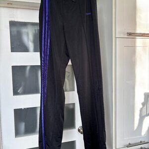 Classic Adidas Pants - black with purple stripes (front pleats) - size small